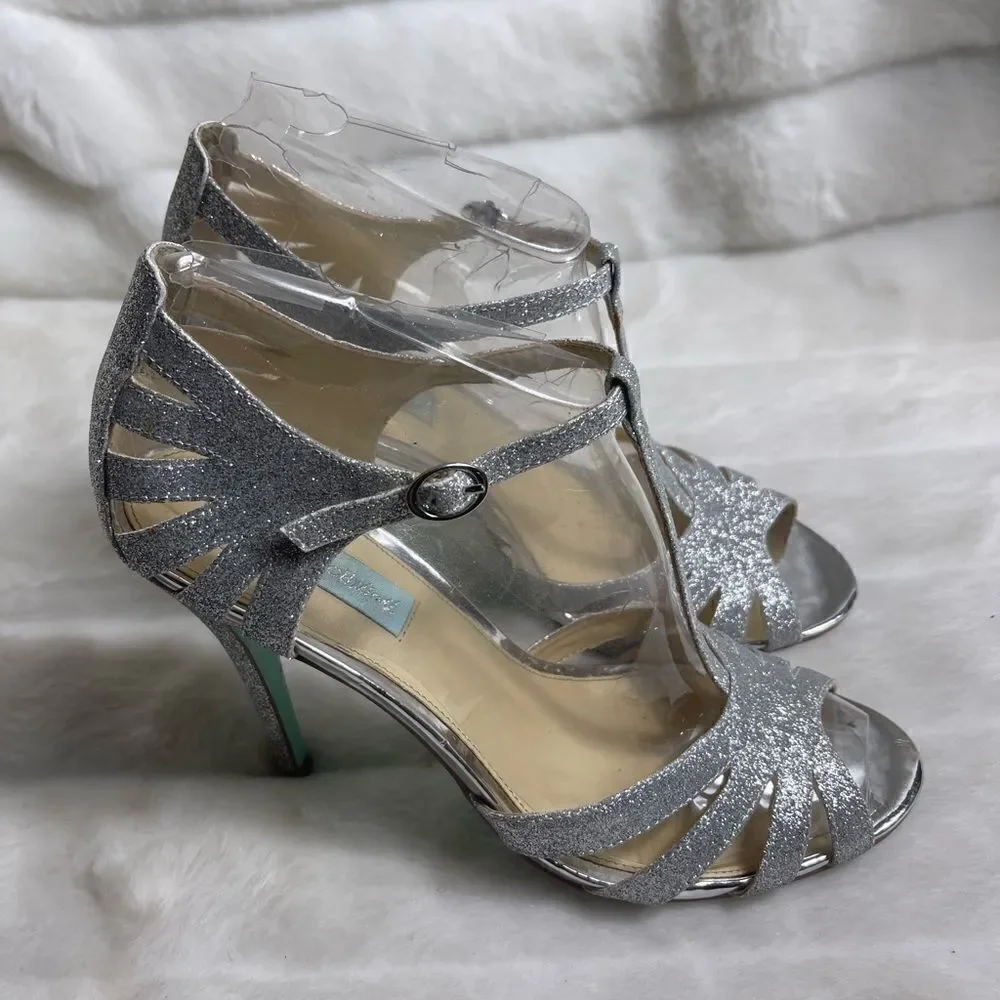 Betsey Johnson Blue silver glitter T strap sandals open toe ankle strap …